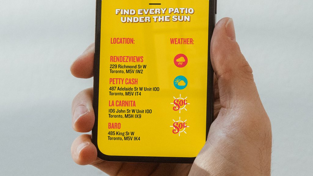 A close-up of a phone. Find every patio under the sun. A list of locations on the left and weather illustrations on the right.