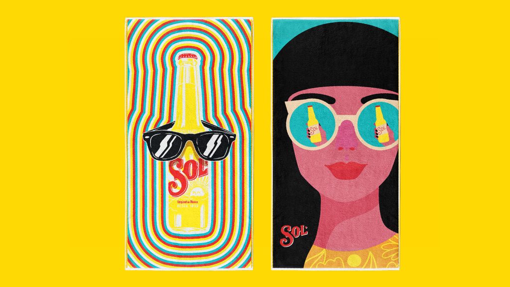 2 posters on a yellow background. A beer bottle with sunglasses on the left and a woman with sunglasses and a glass of beer reflecting in her lenses on the right.