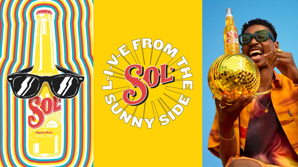 Sol, live from the sunnyside. A beer glass with sunglasses on the left, and a man in sunglasses holding a gold disco ball with a beer on it on the right.