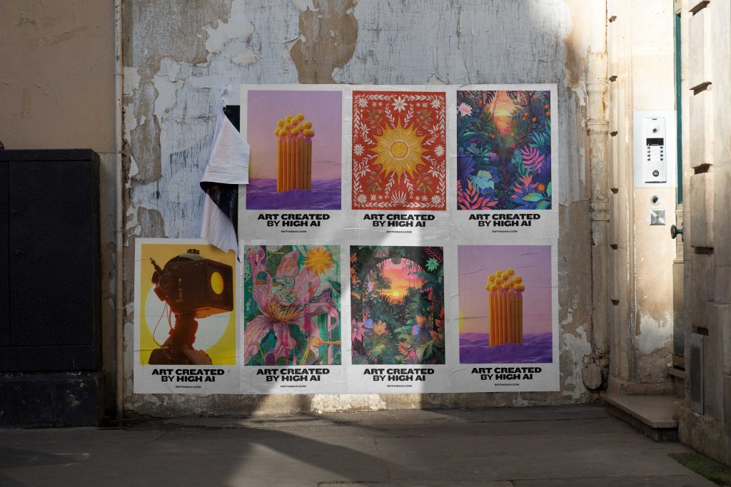 A wall with 8 colourful posters, with the top left poster peeling off.