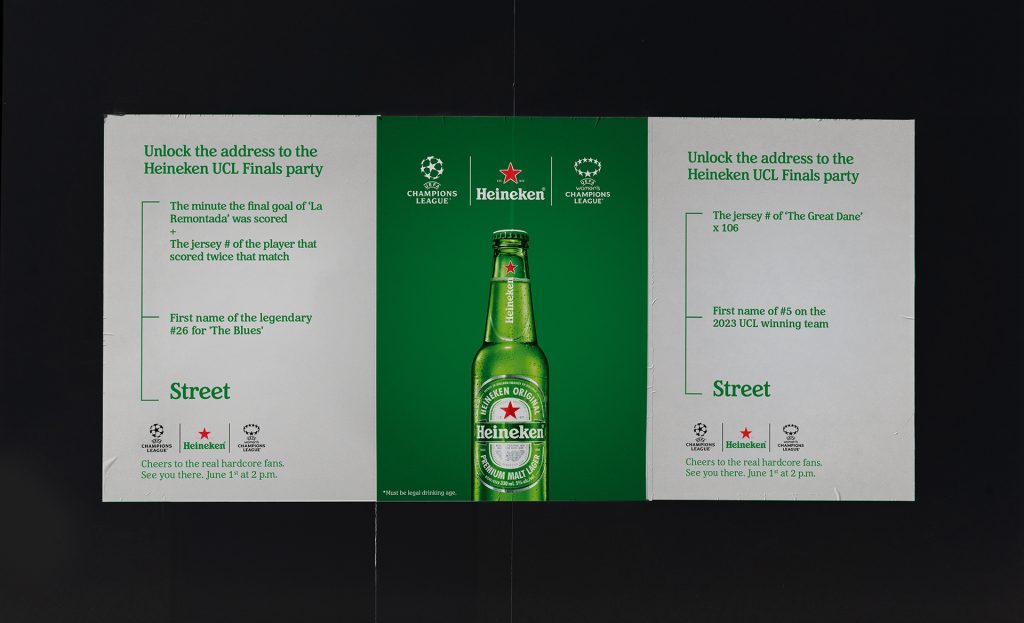 A poster explaining how to participate. Unlock the address to the Heineken UCL Finals party. A poster of Heineken beer bottle