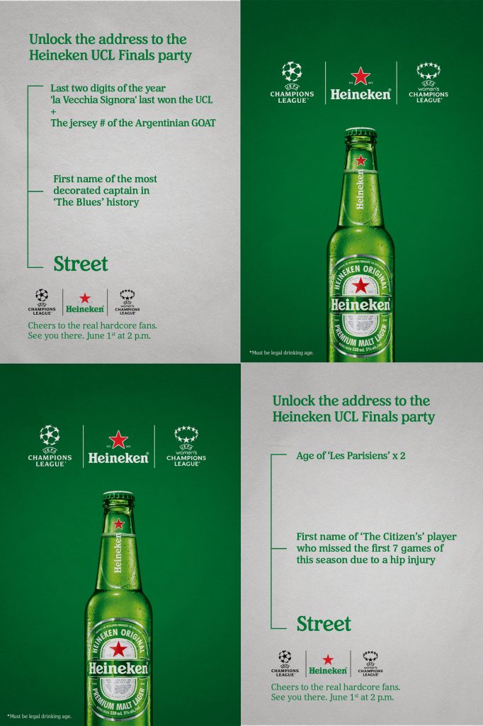 The instructional poster for how to unlock the dress to the Heineken UCL Finals party in a vertical format