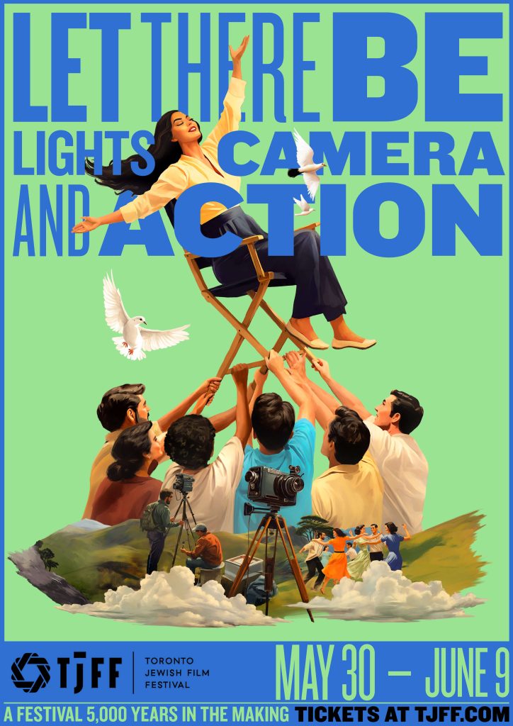 Let there be lights camera and action. A group of actors hoisting an actress in a chair above them, with a film crew in the foreground filming a dance.